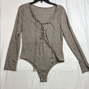 Ribbed Lace-Up Long Sleeve Bodysuit - Taupe Knit